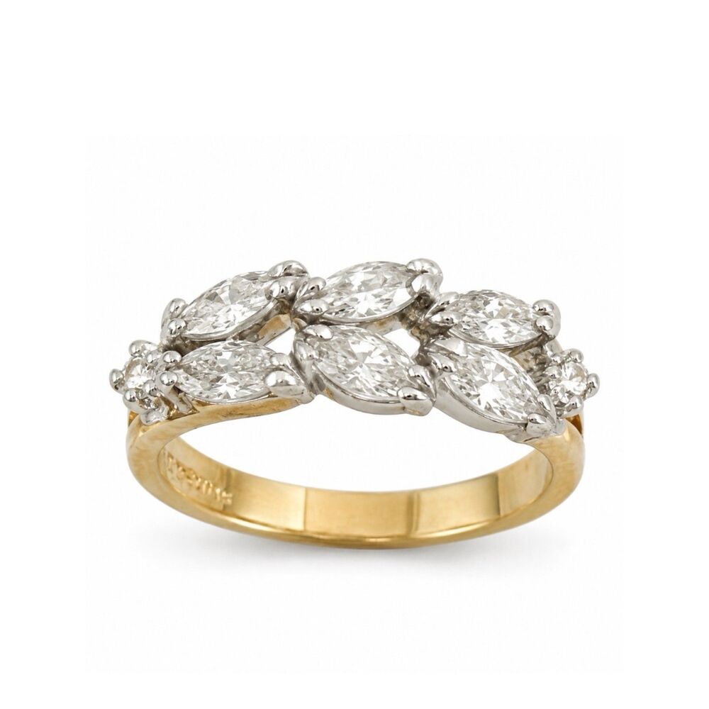 Vintage 1970s Ring Size 7 CZ Marquise Cluster Gold Plated Band - 14Q
